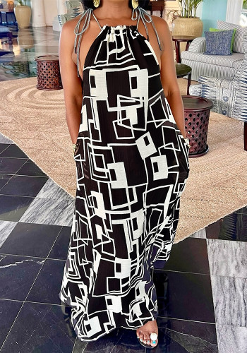 Summer Women's Holiday Geometric Print Strap Low Back Loose Pocket Maxi Dress