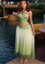 Women Gradient Halter Sleeveless Backless Top & Skirt Two-Piece Set