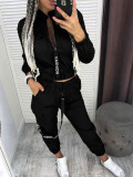 Women's Streetwear Cargo Letter Stand Collar Zip Jacket and Jogger Pants Two-Piece Set