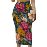 Summer Women's Casual Printed Elastic Waist Long Skirt