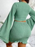 Women's Party Textured Lace-Up Top and Pleated Bodycon Mini Skirt Two-Piece Set