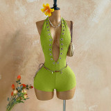 Women Ruched Halter V-Neck Jumpsuit