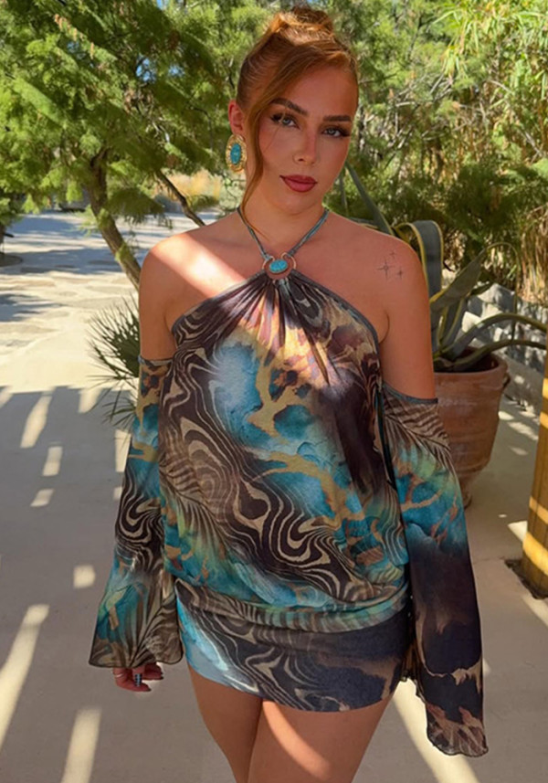 Women Summer Printed Halter Off Shoulder Patchwork Dress