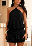 Women Summer Holiday Solid Halter Tie Backless Multi-Ruffle Maxi Dress