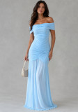 Women Sexy Off Shoulder Mermaid Dress Ruched Mesh Patchwork Maxi Dress