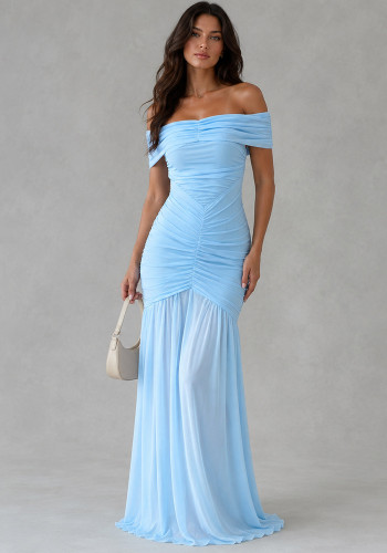 Women Sexy Off Shoulder Mermaid Dress Ruched Mesh Patchwork Maxi Dress