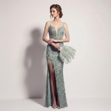 Summer Women's Feather Sequin Strap High Slit Formal Party Evening Dress