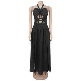Women Halter Cutout Lace-Up Party Slit Dress