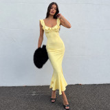 Women Summer Holiday Ruffle Tie Floral Sexy Slit Mermaid Maxi Dress