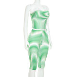 Women Color Block Striped Strapless Top & Capri Pants Two-Piece Set
