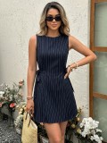 Women Summer Elegant Round Neck Tie Waist Striped Dress