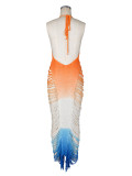 Women Holiday Halter Gradient Color Block V-Neck Backless Cutout Tassel Bodycon Dress