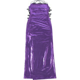 Women Summer Sexy Halter Lace Patchwork Slit Dress