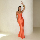 Women's Satin Strap Slim Waist Lace-Up Formal Party Evening Dress