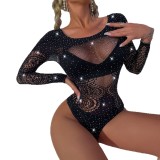 Beaded See-Through High Stretch Fishnet Cutout Bodysuit for Clubwear