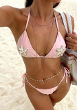 Women's Pink Starfish Pearl Halter Neck Triangle Cup Bikini Two-Piece Swimsuit