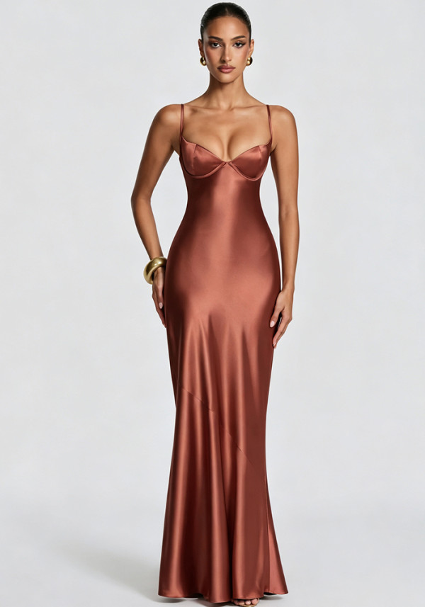 Women's Satin Strap Slim Waist Lace-Up Formal Party Evening Dress
