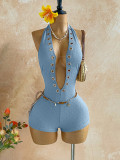 Women Ruched Halter V-Neck Jumpsuit