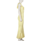 Women Summer Holiday Ruffle Tie Floral Sexy Slit Mermaid Maxi Dress