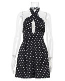 Women Sexy Polka Dot Print Cross Neck Halter Backless Dress