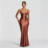 Women's Satin Strap Slim Waist Lace-Up Formal Party Evening Dress