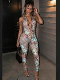 Women Sexy Halter V-Neck Backless Leopard Print Mesh Leopard Jumpsuit