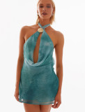 Women Solid Sexy Backless Cross Halter Summer Dress
