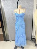 Women Blue Lace Embroidery Cami Mermaid Maxi Dress