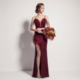 Summer Women's Feather Sequin Strap High Slit Formal Party Evening Dress