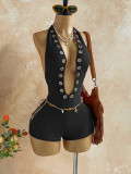 Women Ruched Halter V-Neck Jumpsuit