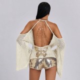 Women sexy summer backless cowl-neck off-shoulder long-sleeve top