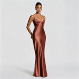 Women's Satin Strap Slim Waist Lace-Up Formal Party Evening Dress