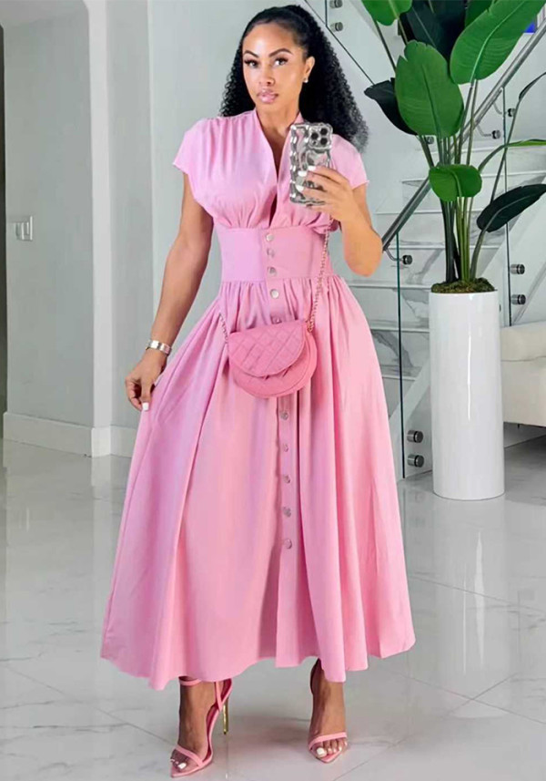 Summer Women's Fashion Sexy V-Neck Button Front Slim Waist Short Sleeve Long Dress