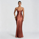 Women's Satin Strap Slim Waist Lace-Up Formal Party Evening Dress