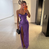 Women Summer Sexy Halter Lace Patchwork Slit Dress