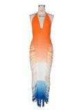 Women Holiday Halter Gradient Color Block V-Neck Backless Cutout Tassel Bodycon Dress