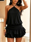 Women Summer Holiday Solid Halter Tie Backless Multi-Ruffle Maxi Dress
