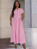 Summer Women's Fashion Sexy V-Neck Button Front Slim Waist Short Sleeve Long Dress