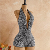Women Leopard Sequin V-Neck Romper