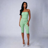Women Color Block Striped Strapless Top & Capri Pants Two-Piece Set