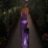 Women Summer Sexy Halter Lace Patchwork Slit Dress