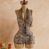 Women Leopard Sequin V-Neck Romper