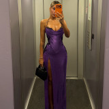 Women Summer Sexy Halter Lace Patchwork Slit Dress
