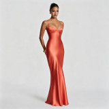 Women's Satin Strap Slim Waist Lace-Up Formal Party Evening Dress