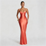 Women's Satin Strap Slim Waist Lace-Up Formal Party Evening Dress