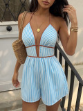 Women Summer V-Neck Halter Striped Jumpsuit