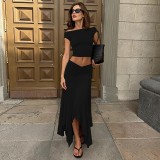 Women Summer Sleeveless T-shirt Top & Ruched Midi Skirt Two-Piece Set