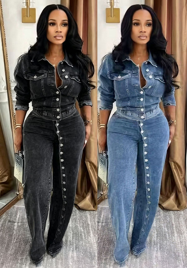 Women's High Stretch Washed Denim Button Front Casual Two-Piece Pants Set
