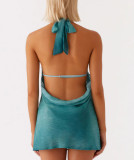 Women Solid Sexy Backless Cross Halter Summer Dress