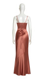 Women's Satin Strap Slim Waist Lace-Up Formal Party Evening Dress